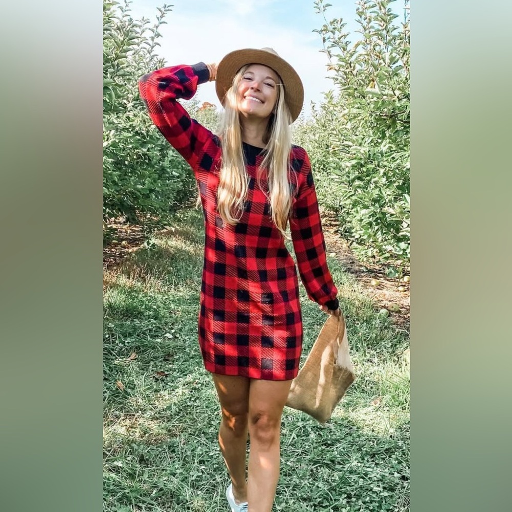 Red and Black Plaid Sweater Dress